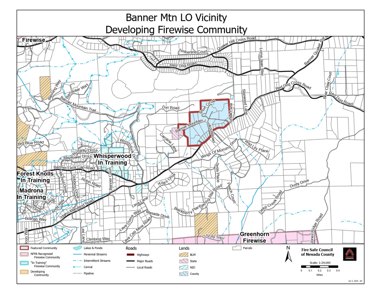 Vicinity map of the Banner Mountain Lookout developing Firewise community, showing the featured community boundary, nearby Firewise communities, and surrounding roads