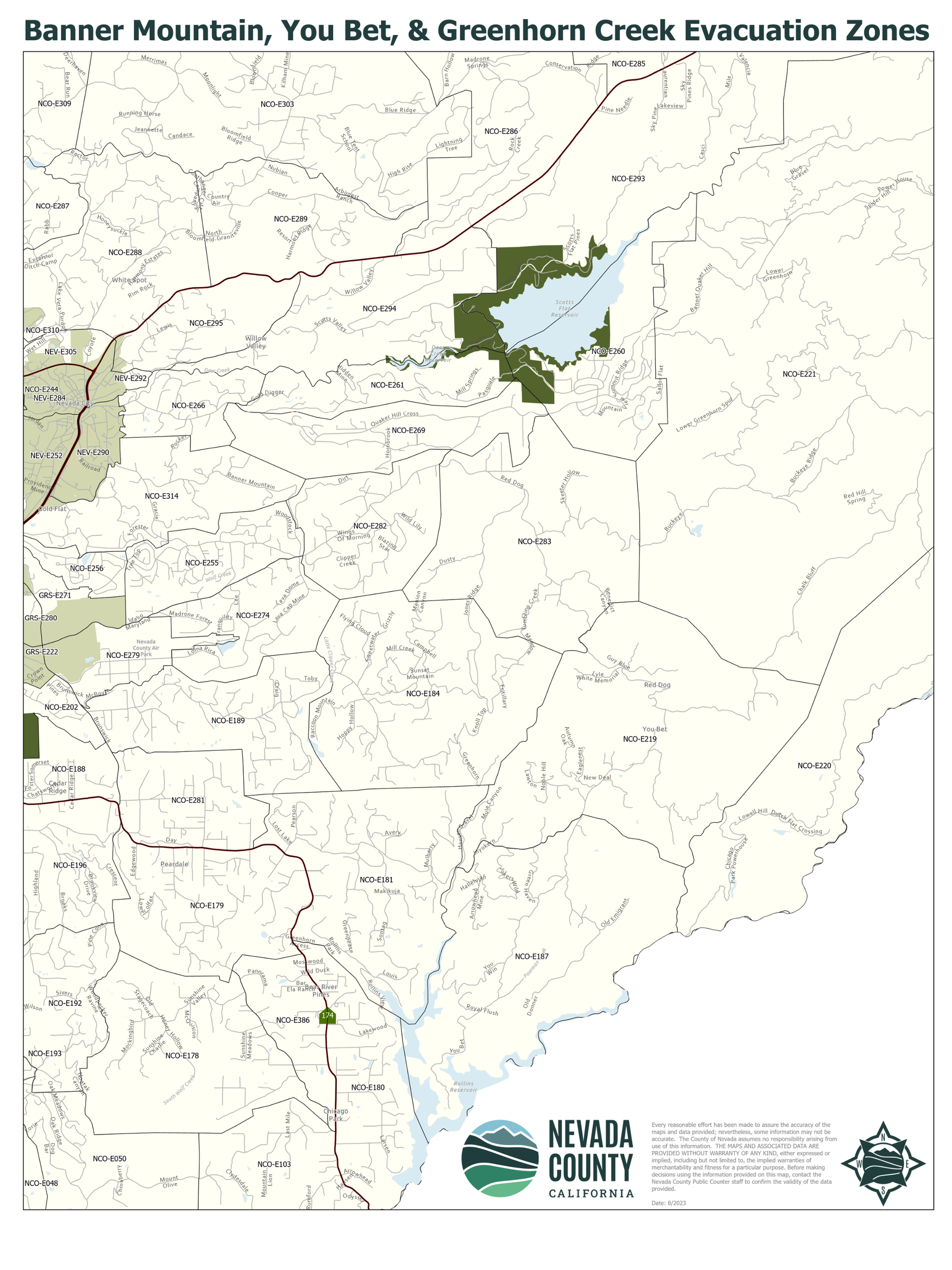 Evacuation zone map for the Banner Mountain / You Bet / Greenhorn area of Nevada County