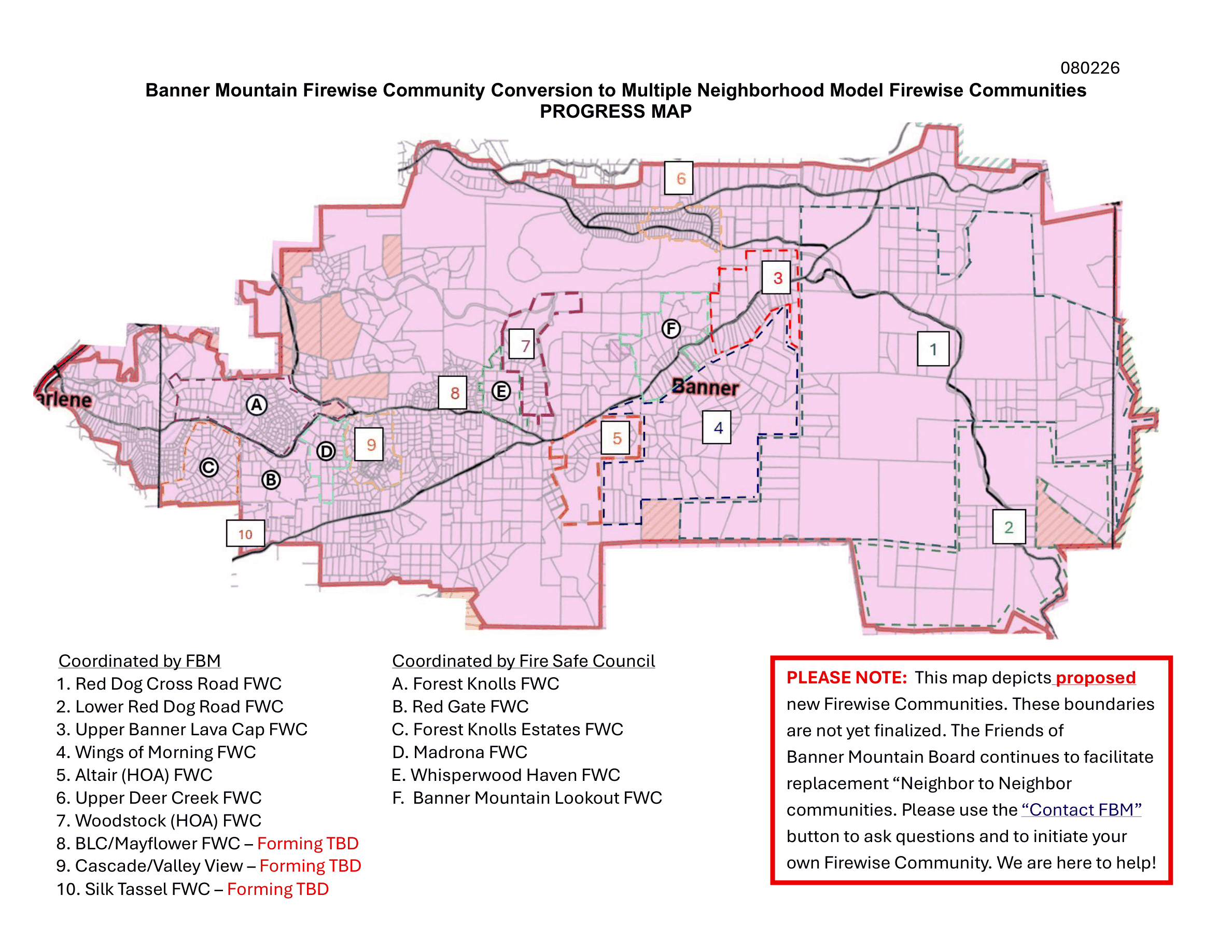 Progress map of Banner Mountain's conversion to multiple neighborhood-model Firewise Communities, with Banner Mountain Lookout FWC labeled F