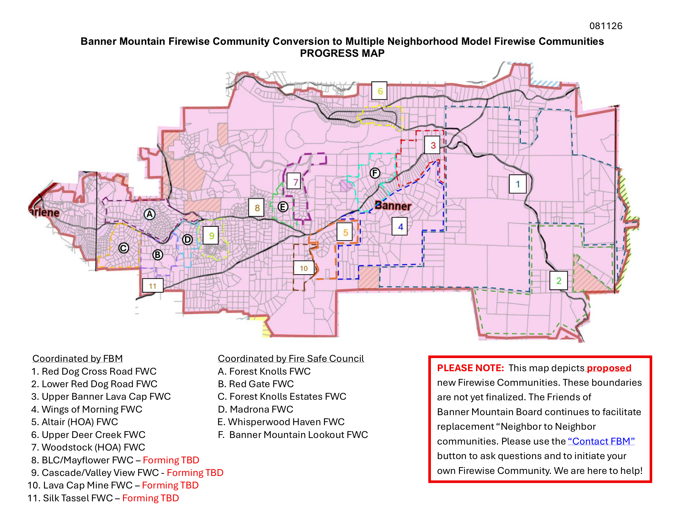 Progress map of Banner Mountain's conversion to multiple neighborhood-model Firewise Communities, with Banner Mountain Lookout FWC labeled F