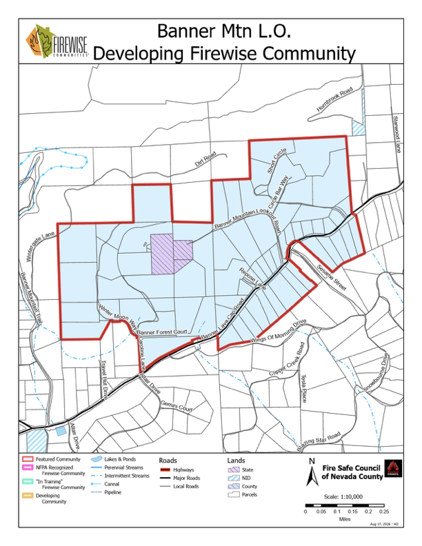 Map of the Banner Mountain Lookout developing Firewise Community boundary and parcels