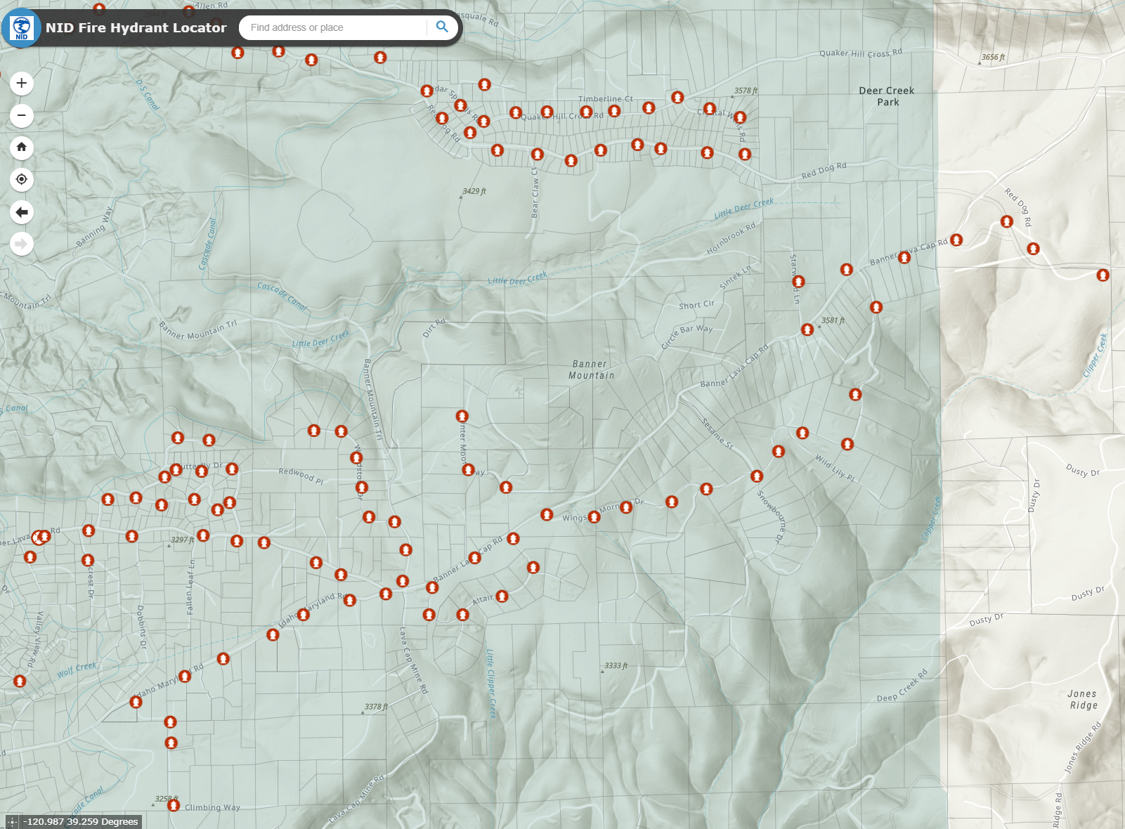 NID fire hydrant infrastructure map for the Banner Mountain Lookout area